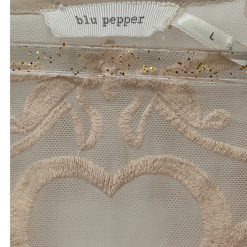 Blu Pepper Boho Sheer Peasant Blouse‎ Cream Coral Print Embroidered Back Size L - Picture 4 of 6